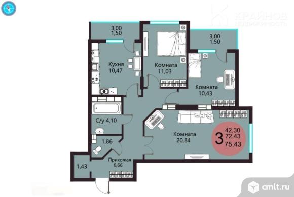 3-комнатная квартира 75,43 кв.м. Фото 1.