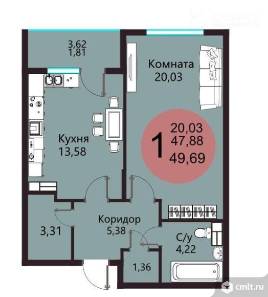 1-комнатная квартира 49,69 кв.м. Фото 1.