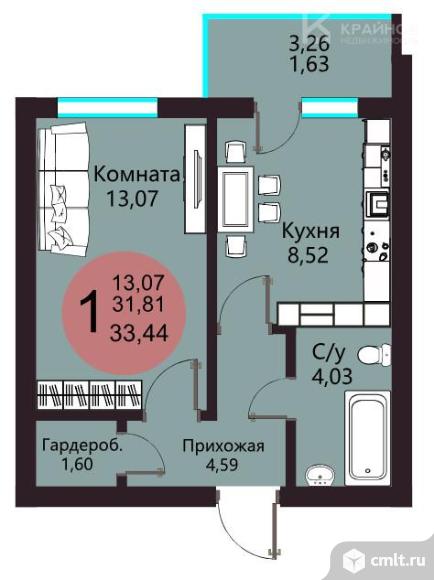 1-комнатная квартира 33,84 кв.м. Фото 1.