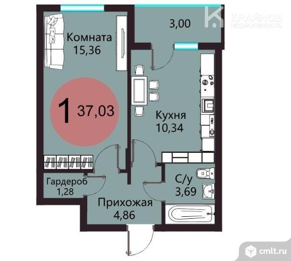 1-комнатная квартира 37,03 кв.м. Фото 1.