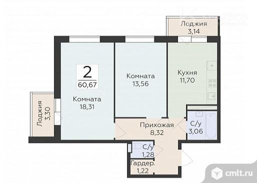 2-комнатная квартира 60,67 кв.м. Фото 1.