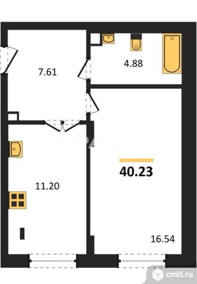 1-комнатная квартира 41,3 кв.м. Фото 1.