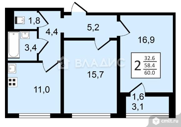 2-комнатная квартира 60 кв.м. Фото 14.