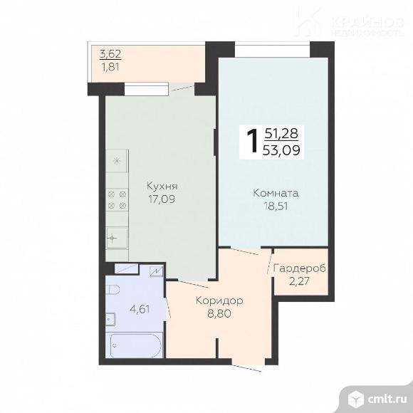 1-комнатная квартира 53,09 кв.м. Фото 1.