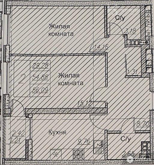 2-комнатная квартира 54,3 кв.м. Фото 1.