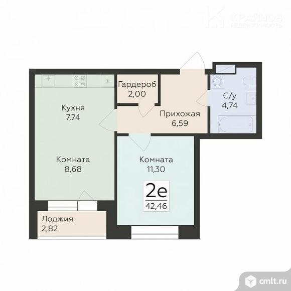 1-комнатная квартира 42,46 кв.м. Фото 1.