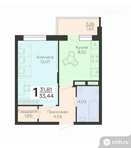 1-комнатная квартира 33,44 кв.м. Фото 1.