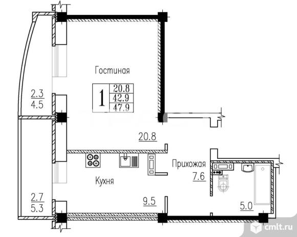 1-комнатная квартира 47,9 кв.м. Фото 12.