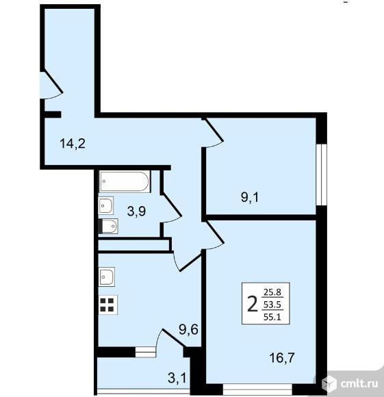 2-комнатная квартира 55,1 кв.м. Фото 1.