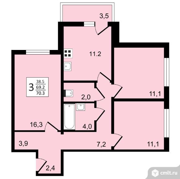 3-комнатная квартира 70,3 кв.м. Фото 1.