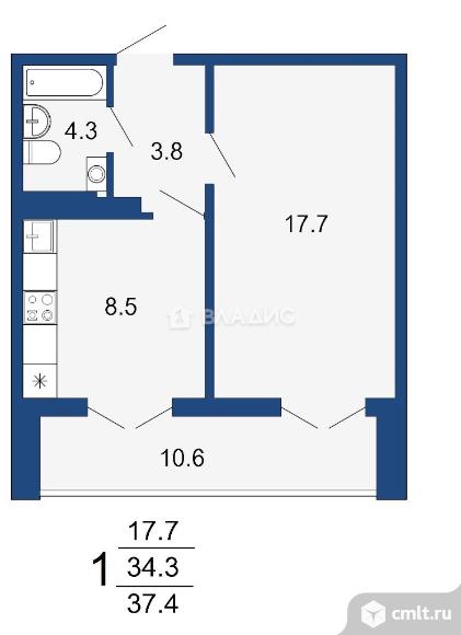 1-комнатная квартира 37 кв.м. Фото 12.