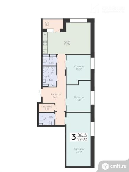 3-комнатная квартира 92,02 кв.м. Фото 1.