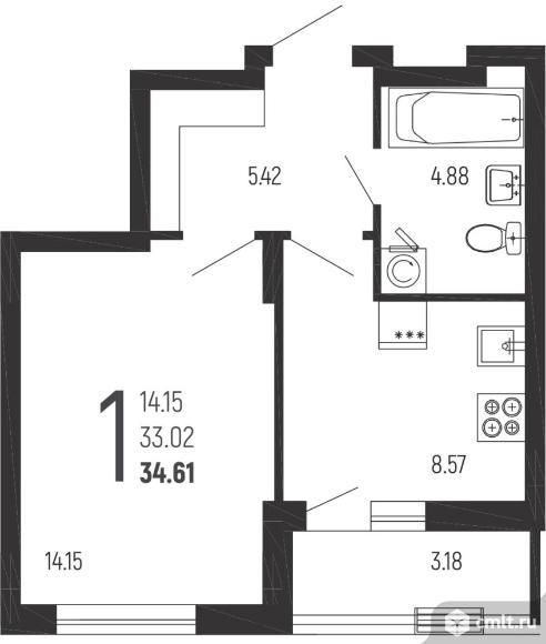 1-комнатная квартира 34,61 кв.м. Фото 1.