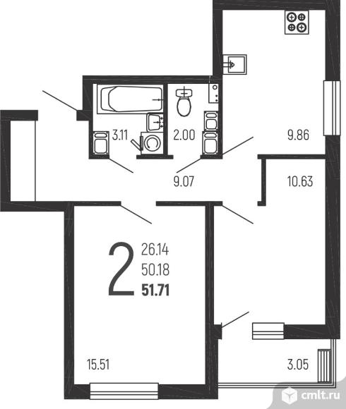 2-комнатная квартира 51,71 кв.м. Фото 1.