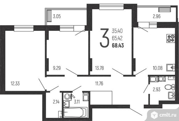 3-комнатная квартира 68,43 кв.м. Фото 1.