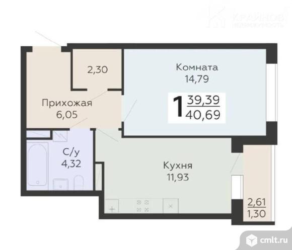 1-комнатная квартира 40,69 кв.м. Фото 1.