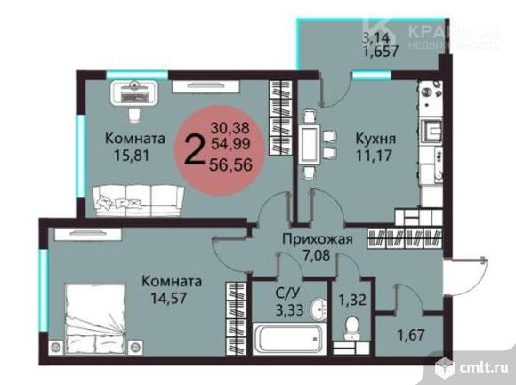 2-комнатная квартира 56,56 кв.м. Фото 1.