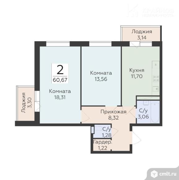 2-комнатная квартира 60,67 кв.м. Фото 1.