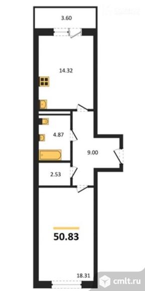 1-комнатная квартира 50,83 кв.м. Фото 1.