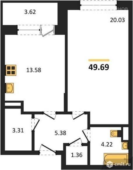 1-комнатная квартира 49,69 кв.м. Фото 1.