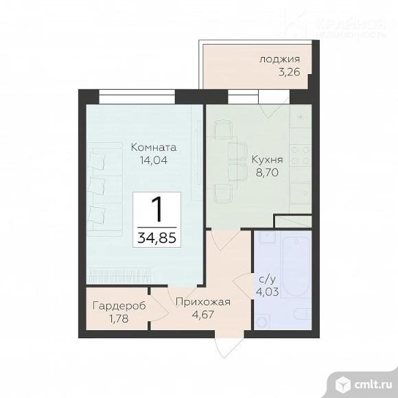 1-комнатная квартира 34,85 кв.м. Фото 1.