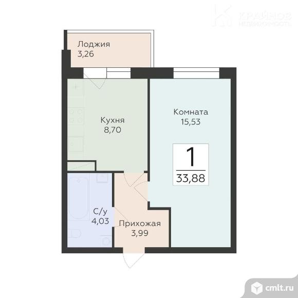 1-комнатная квартира 33,88 кв.м. Фото 1.