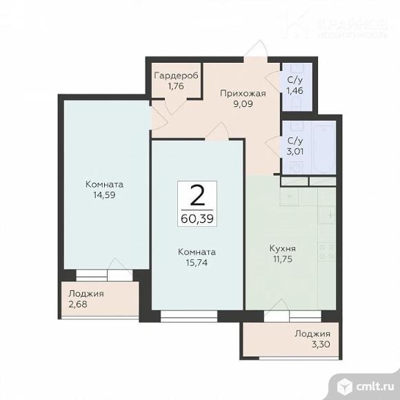2-комнатная квартира 60,39 кв.м. Фото 1.