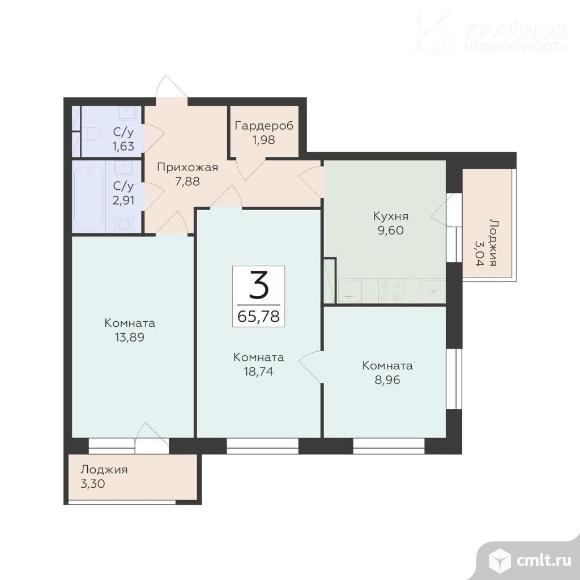 3-комнатная квартира 65,78 кв.м. Фото 1.
