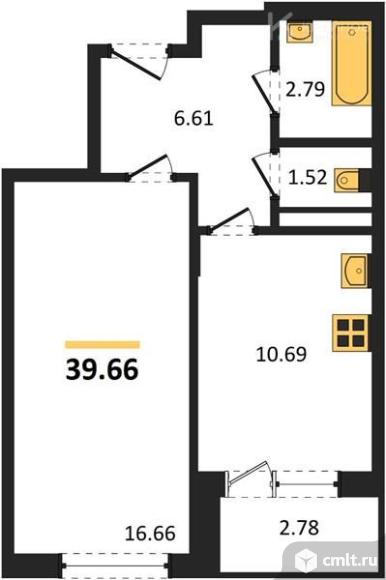 1-комнатная квартира 39,66 кв.м. Фото 1.