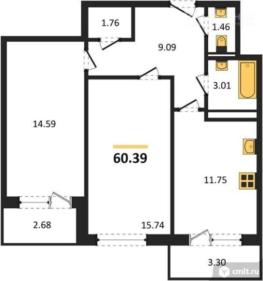 2-комнатная квартира 56,43 кв.м. Фото 1.