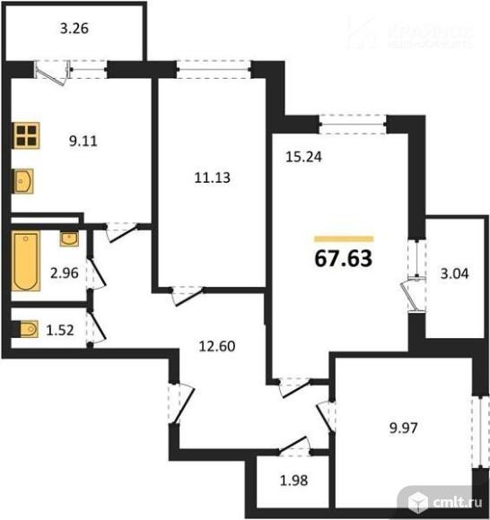 3-комнатная квартира 67,63 кв.м. Фото 1.