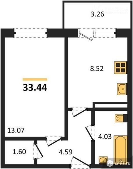 1-комнатная квартира 33,44 кв.м. Фото 1.