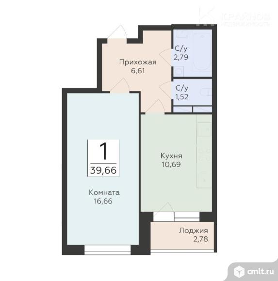 1-комнатная квартира 39,66 кв.м. Фото 1.