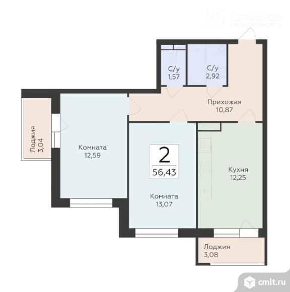 2-комнатная квартира 56,43 кв.м. Фото 1.