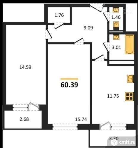 2-комнатная квартира 60,39 кв.м. Фото 1.