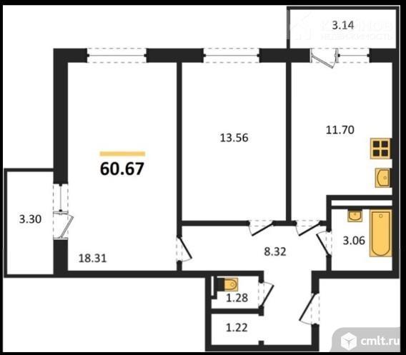 2-комнатная квартира 60,67 кв.м. Фото 1.