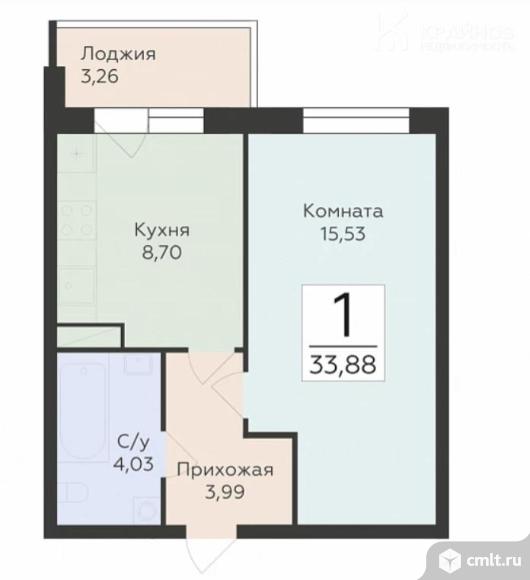 1-комнатная квартира 33,88 кв.м. Фото 1.