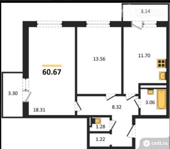 2-комнатная квартира 60,67 кв.м. Фото 1.