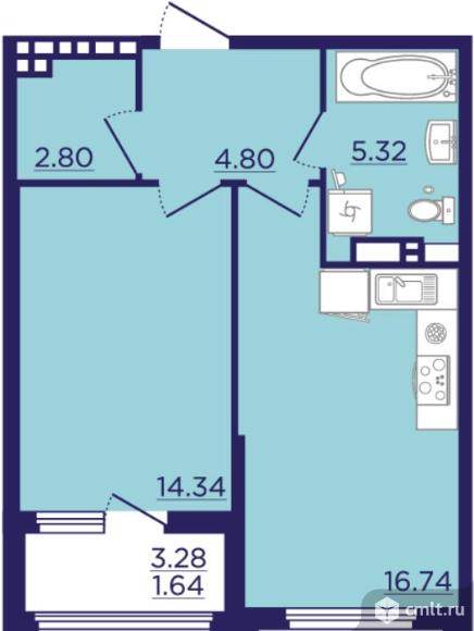 1-комнатная квартира 45,65 кв.м. Фото 1.