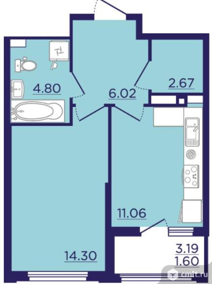 1-комнатная квартира 40,45 кв.м. Фото 1.
