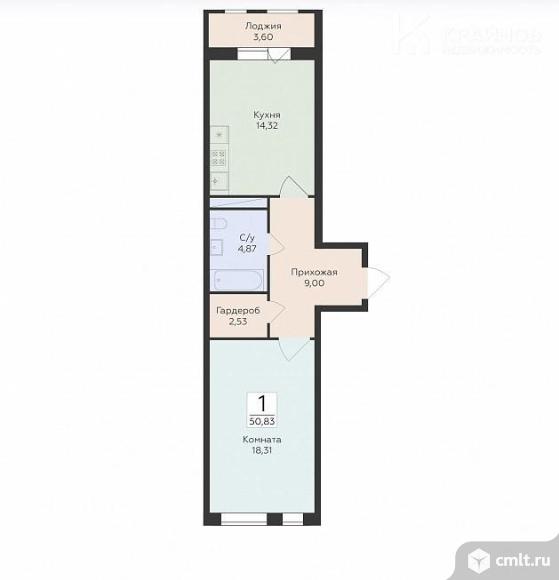 1-комнатная квартира 50,83 кв.м. Фото 1.