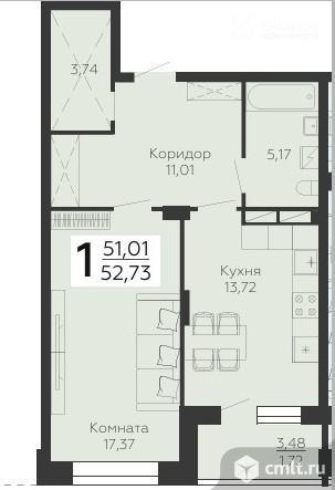 1-комнатная квартира 52,73 кв.м. Фото 1.