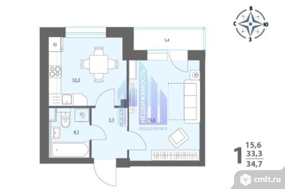 1-комнатная квартира 33,3 кв.м. Фото 10.