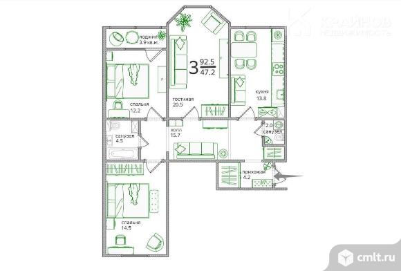 3-комнатная квартира 92,5 кв.м. Фото 1.