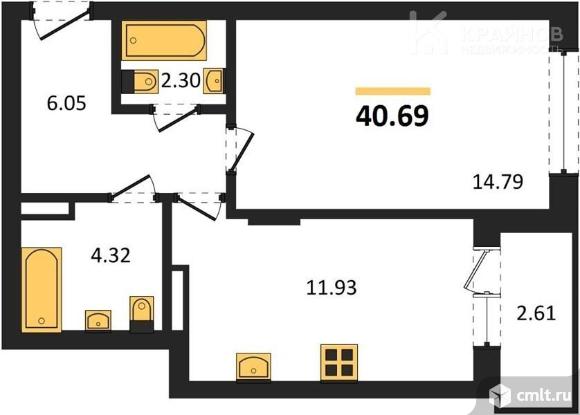 1-комнатная квартира 40,69 кв.м. Фото 1.