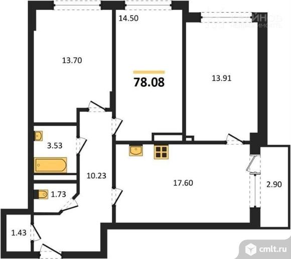3-комнатная квартира 78,08 кв.м. Фото 1.