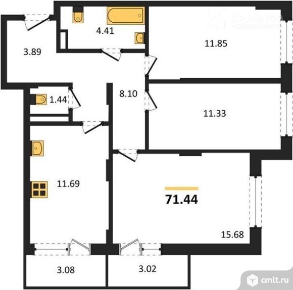 3-комнатная квартира 71,44 кв.м. Фото 1.
