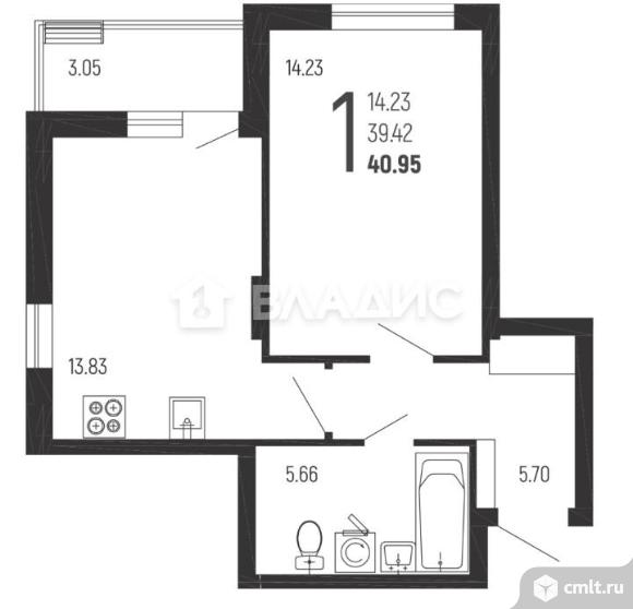 1-комнатная квартира 40,45 кв.м. Фото 4.