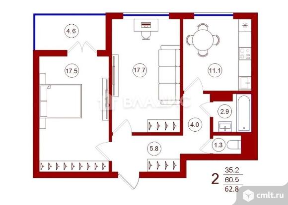 2-комнатная квартира 60,3 кв.м. Фото 19.
