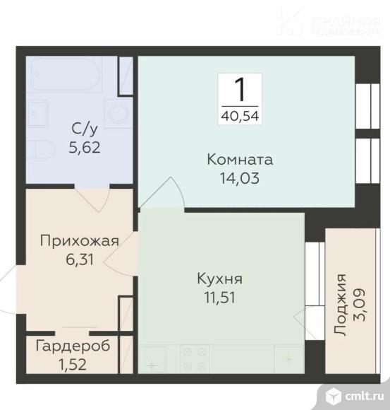 1-комнатная квартира 40,5 кв.м. Фото 1.